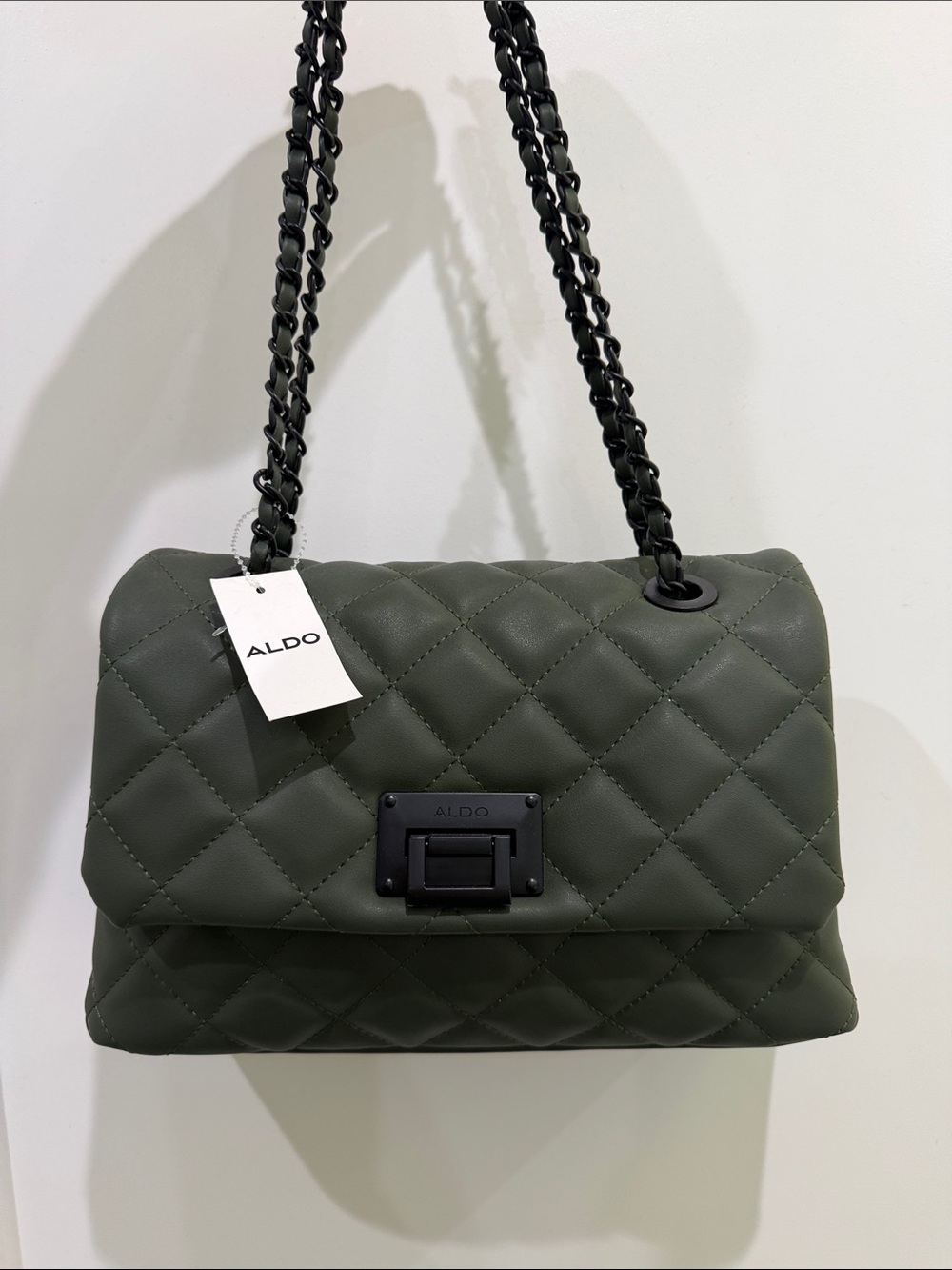 ALDO Quilted Shoulder Bag ir Crossbody Bag in Olive Green with Black Chain Strap